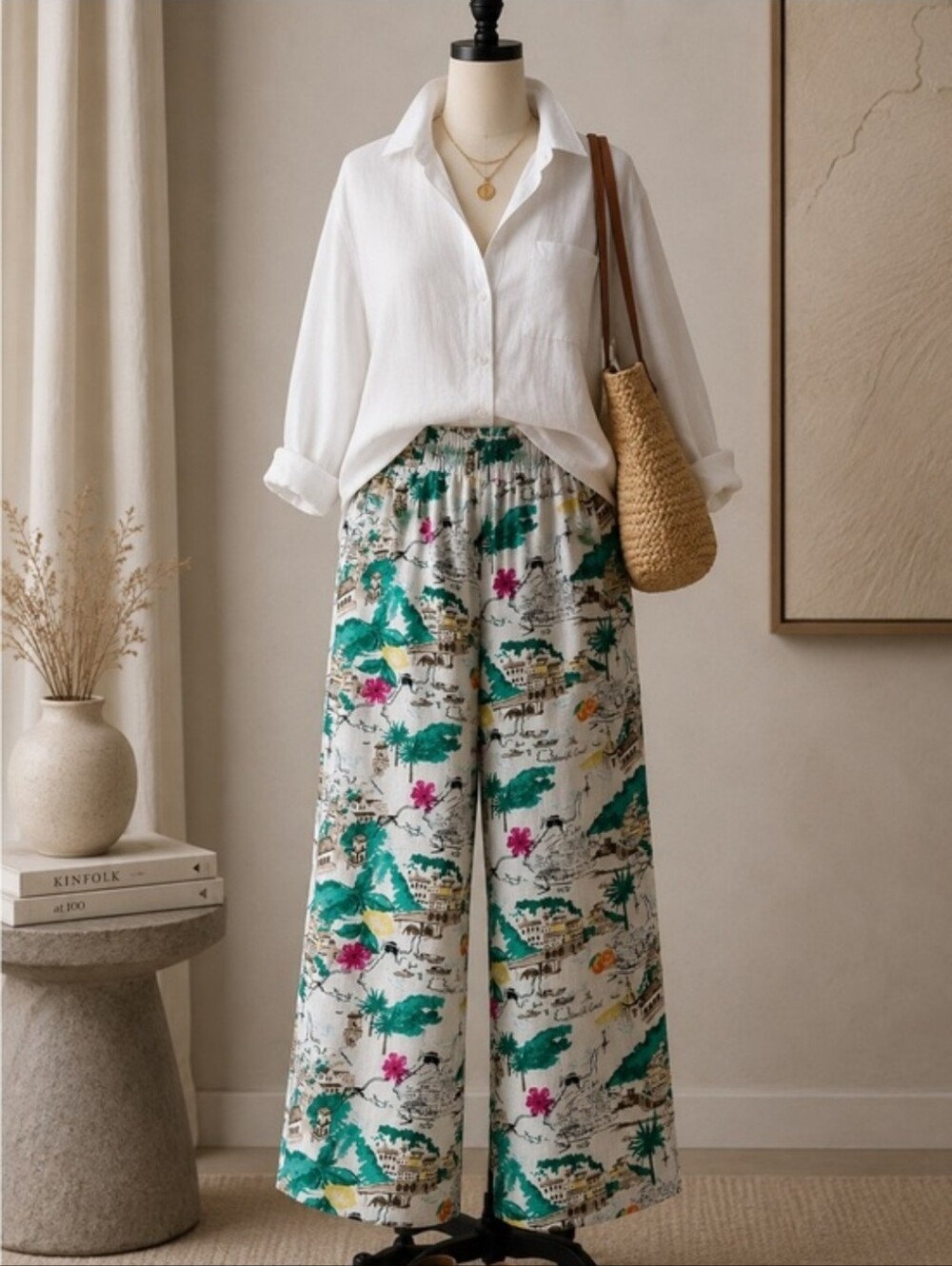 Women’s Tropical Linen Print Wide-Leg Pants - White/Green